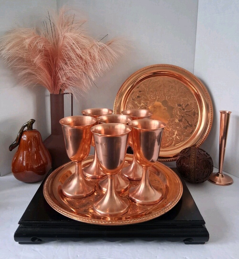 VTG MCMCoppercraft Guild 6 Copper Goblets;Ornate Round Presentation Tray; 7 PCS!